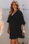 Svart babydoll mini klänning - frillad v-ringning för damer