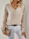 Kvinnors stickad jumper med elegant v-hals - lätt pullover med spetsärmar för avslappnat bruk