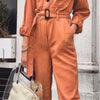 Kvinnors stiliga overall - orange utility jumpsuit med lång ärm och midjebälte