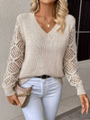 Kvinnors stickad jumper med elegant v-hals - lätt pullover med spetsärmar för avslappnat bruk