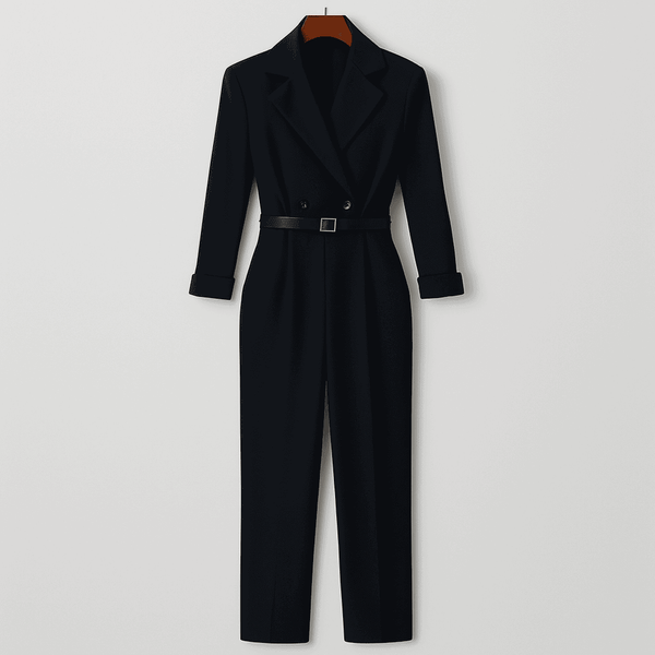 Kvinnor jumpsuit elegant vida byxor svart kvällsoutfit - dubbla knappar med bälte för sofistikerade damer