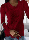 Långärmad lace-top - blus med blommönster för kvinnor