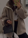 Damens fleecejacka - mjuk plysch zip-up jacka med funktionella fickor för avslappnad stil