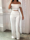 2-delad off-shoulder crop top och byxor set - stiliga vita kvällskläder