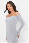Kvinnors grå off-shoulder midi-klänning - elegant dag- eller kvällsoutfit