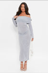 Kvinnors grå off-shoulder midi-klänning - elegant dag- eller kvällsoutfit