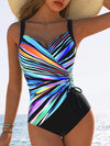 Kvinnors enstyckad baddräkt med stiliga blå skulpturstripes - elegant badplagg för strand- och poolpartyn