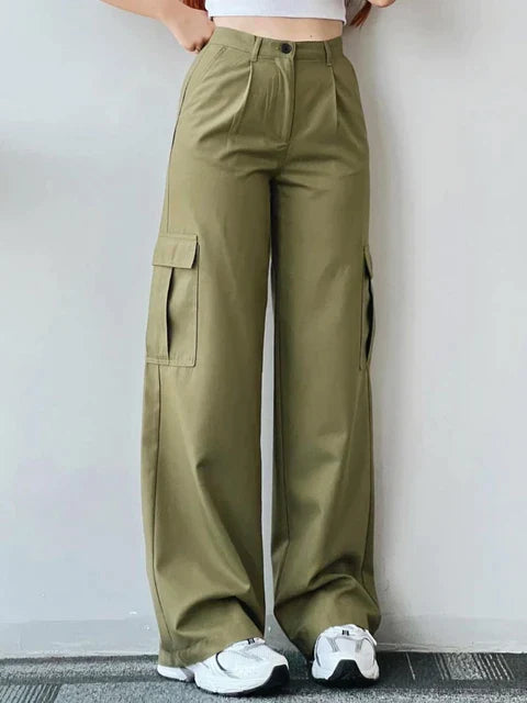 Kvinnors cargobyxor med funktionell hög midja - mångsidig beige streetwear för vardagsbruk