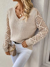 Kvinnors stickad jumper med elegant v-hals - lätt pullover med spetsärmar för avslappnat bruk