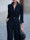 Kvinnor jumpsuit elegant vida byxor svart kvällsoutfit - dubbla knappar med bälte för sofistikerade damer