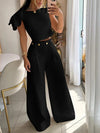 2-delad damset med chic topp och vida byxor - stilfullt crop top-set med unik axeldetalj