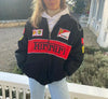 Kvinnors regnjacka vintage racerjacka med ferrari-patchar - trendig och avslappnad ytterjacka för vardagsbruk