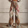 Kvinnors vintage blommiga vida byxor - boho denim med vit blommönster