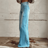 Kvinnors vintage blommiga vida byxor - boho denim med vit blommönster